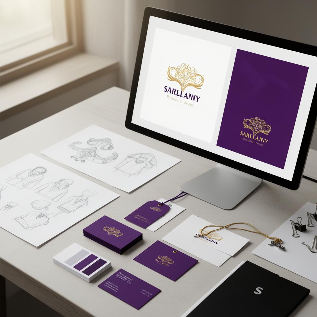 Designer's desk with sketches, color swatches and brand identity work