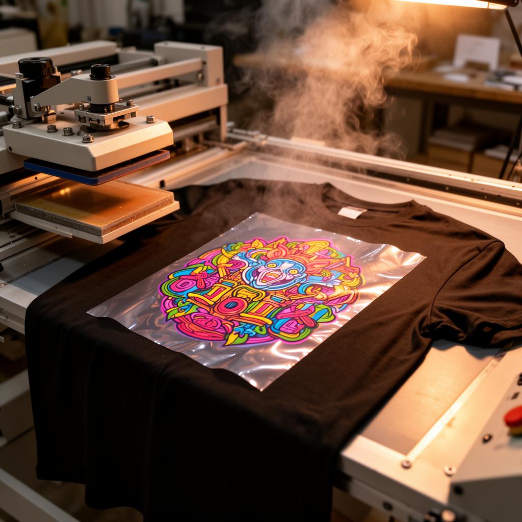 Colorful DTF transfer being heat-pressed onto a t-shirt