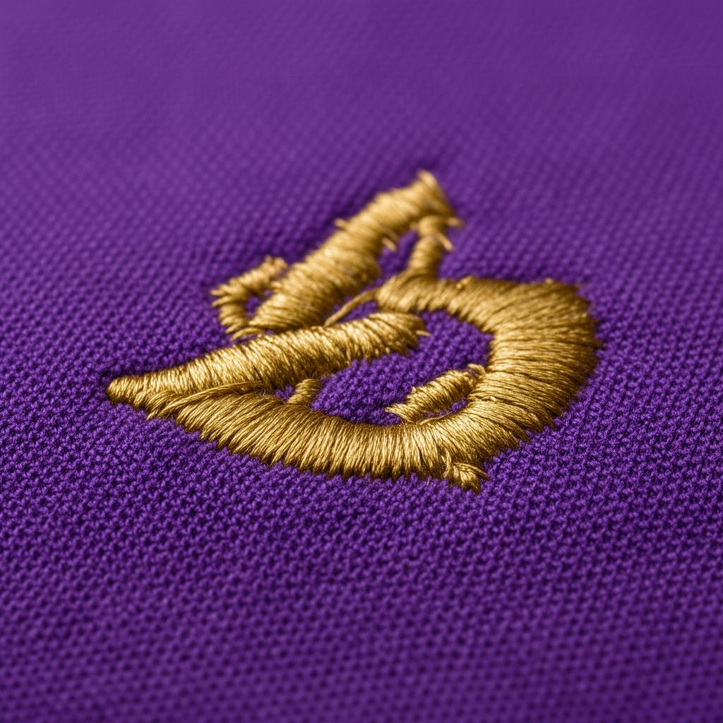 Gold embroidered crest on purple polo