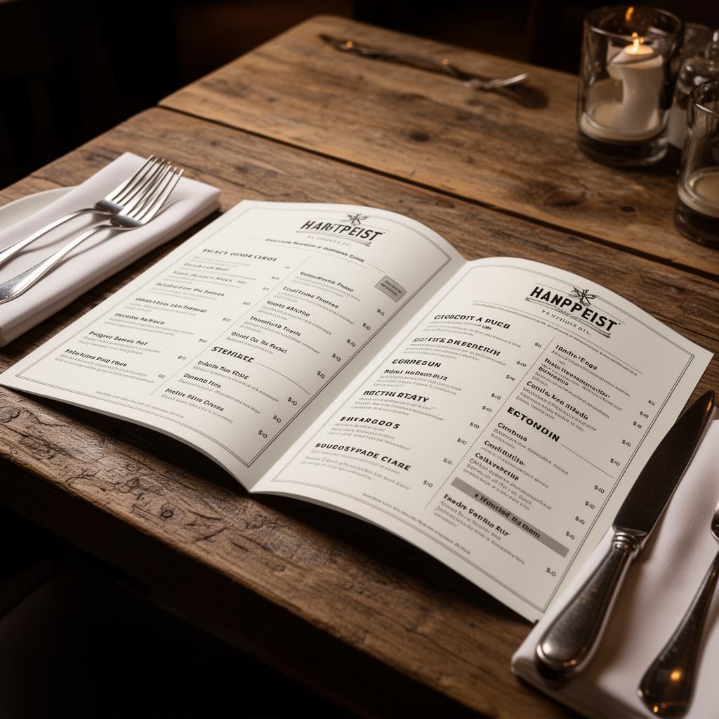 Beautifully printed restaurant menus on a wood table