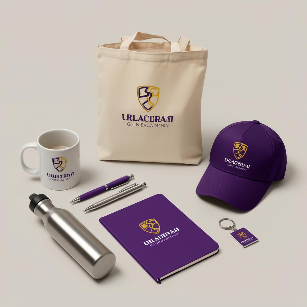 Branded purple and gold promotional products laid out