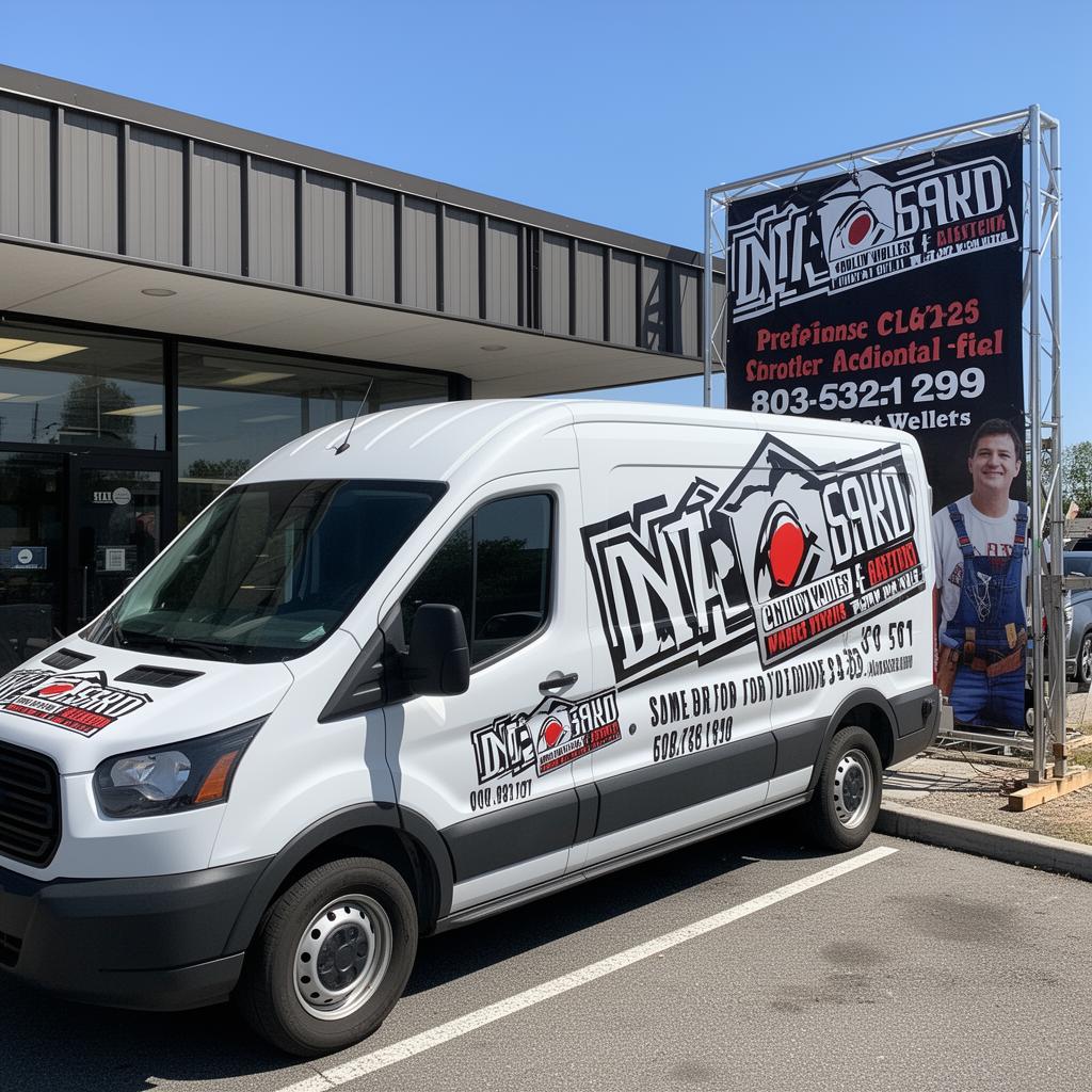 Outdoor banner and van with custom vehicle lettering